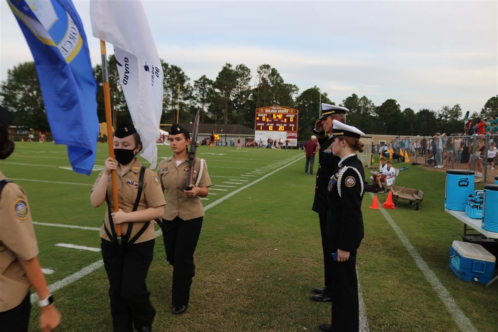 Robertsdale Color Guard lead by C/LCDR Prather during Elberta vs Robertsdale Football game on 28 Aug