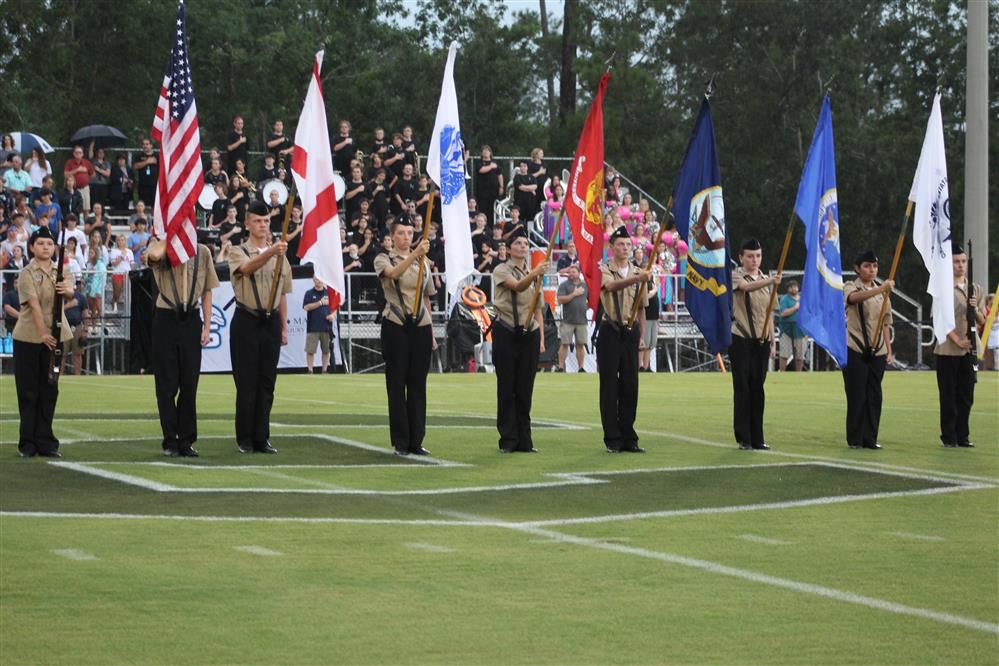 Elberta Company Color Guard lead by Cadet CPO Brianna Doege during the Elberta vs Gulf Shores football game on 20 August.